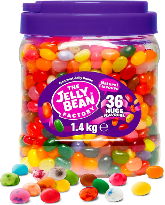 The Jelly Bean Factory, Jelly Beans Gift 1.4 KG Tub, Bulk Gluten Free Sweets - 36 Natural, Huge Flavour Fruit Jellies, Chewy, Retro American Sweets for Kids, Adults - Gourmet Pick and Mix Jellybeans