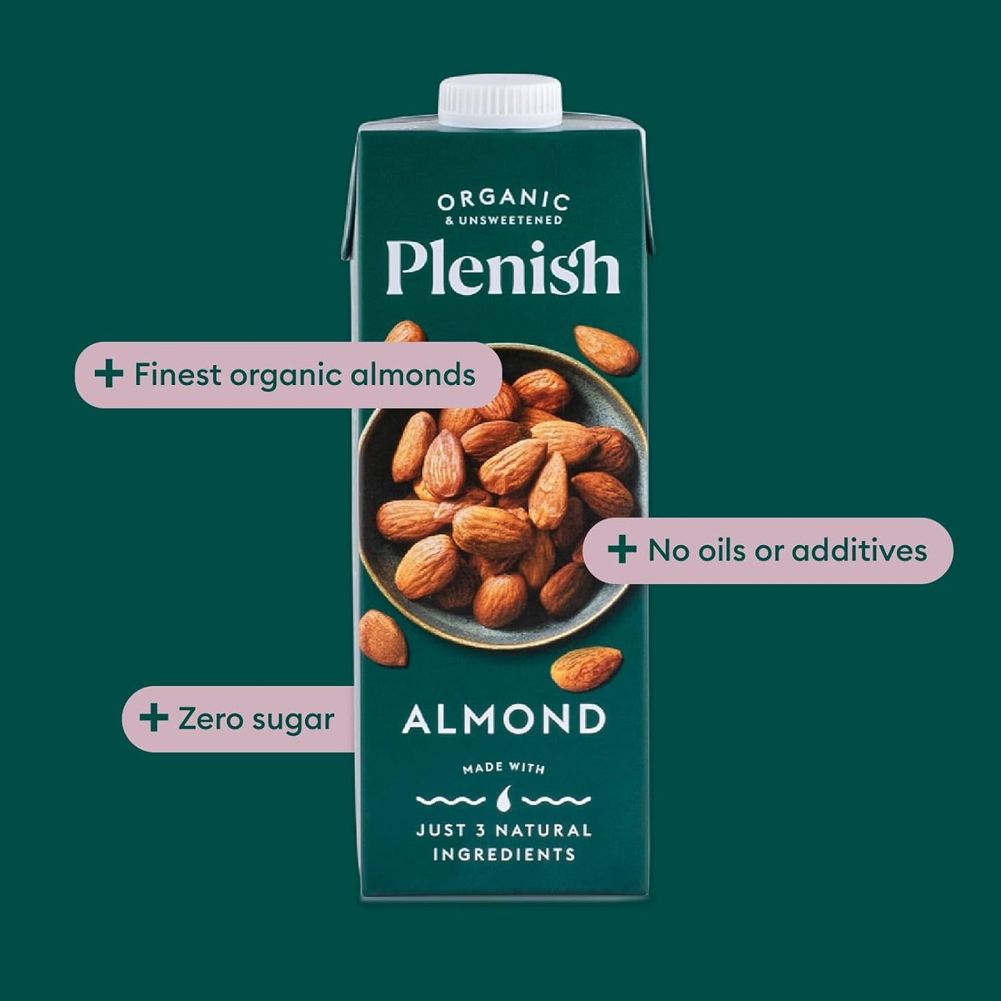 Plenish Unsweetened Organic Almond Milk 1L (Pack of 8)