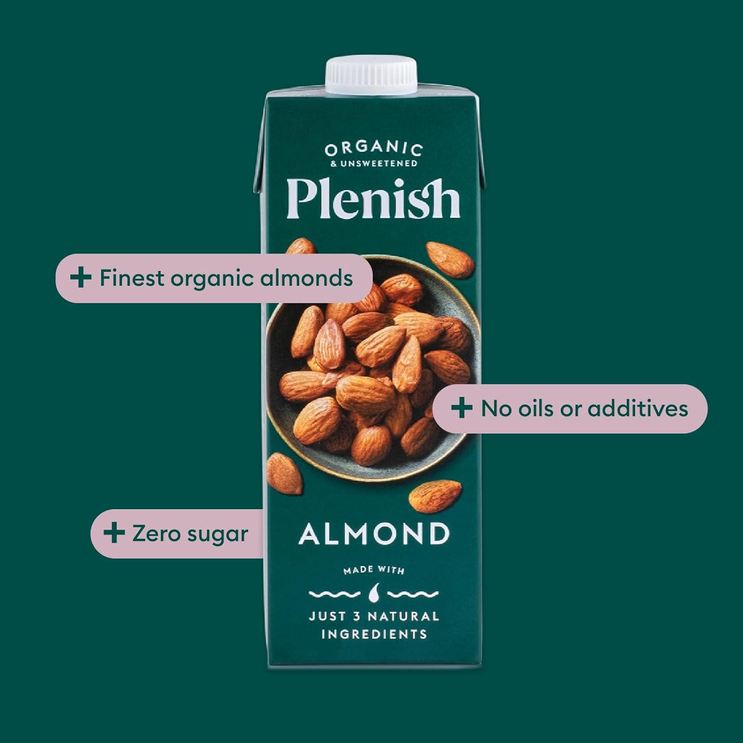 Plenish Unsweetened Organic Almond Milk 1L (Pack of 8)