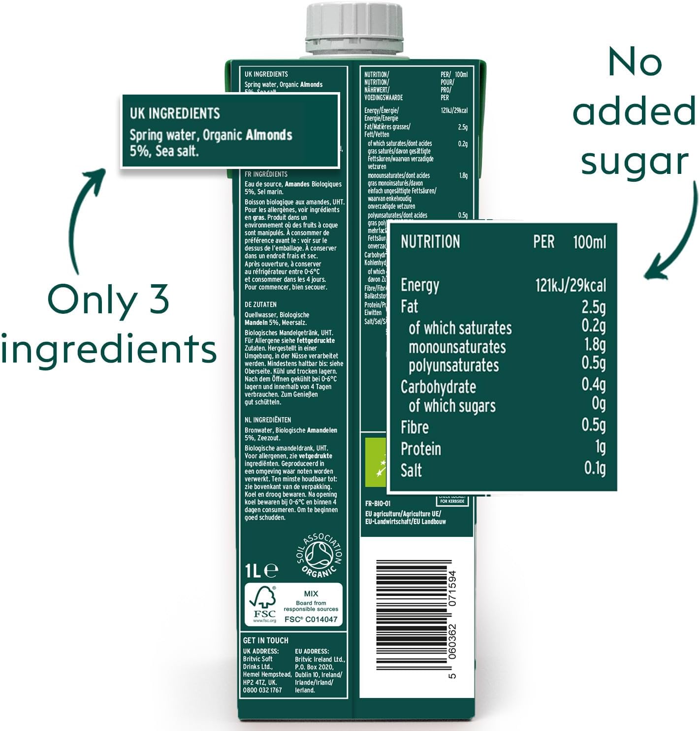 Plenish Unsweetened Organic Almond Milk 1L (Pack of 8)