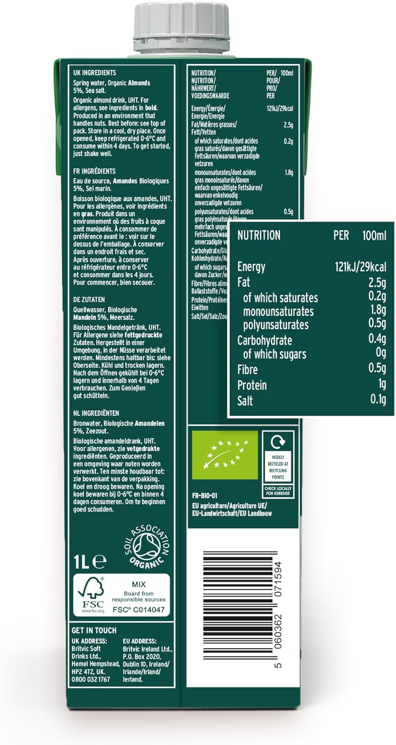 Plenish Unsweetened Organic Almond Milk 1L (Pack of 8)